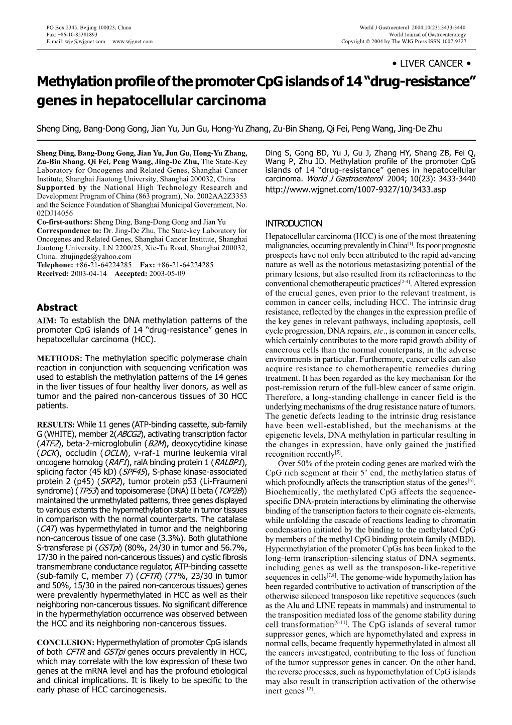 Methylation Profile of the Promoter Cpg Islands of 14 “Drug-Resistance” Genes in Hepatocellular Carcinoma