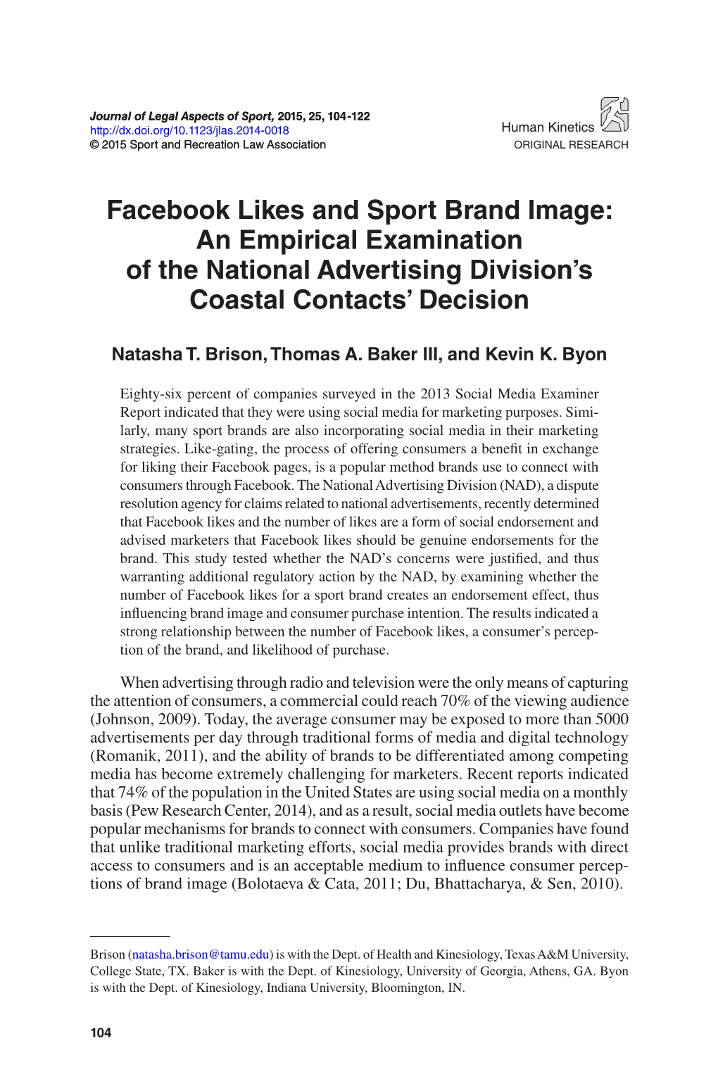 Facebook Likes and Sport Brand Image: an Empirical Examination of the National Advertising Division’S Coastal Contacts’ Decision