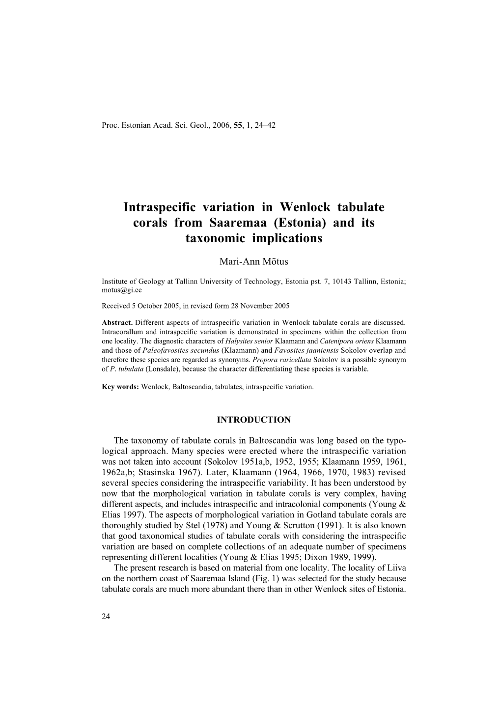 Intraspecific Variation in Wenlock Tabulate Corals from Saaremaa (Estonia) and Its Taxonomic Implications