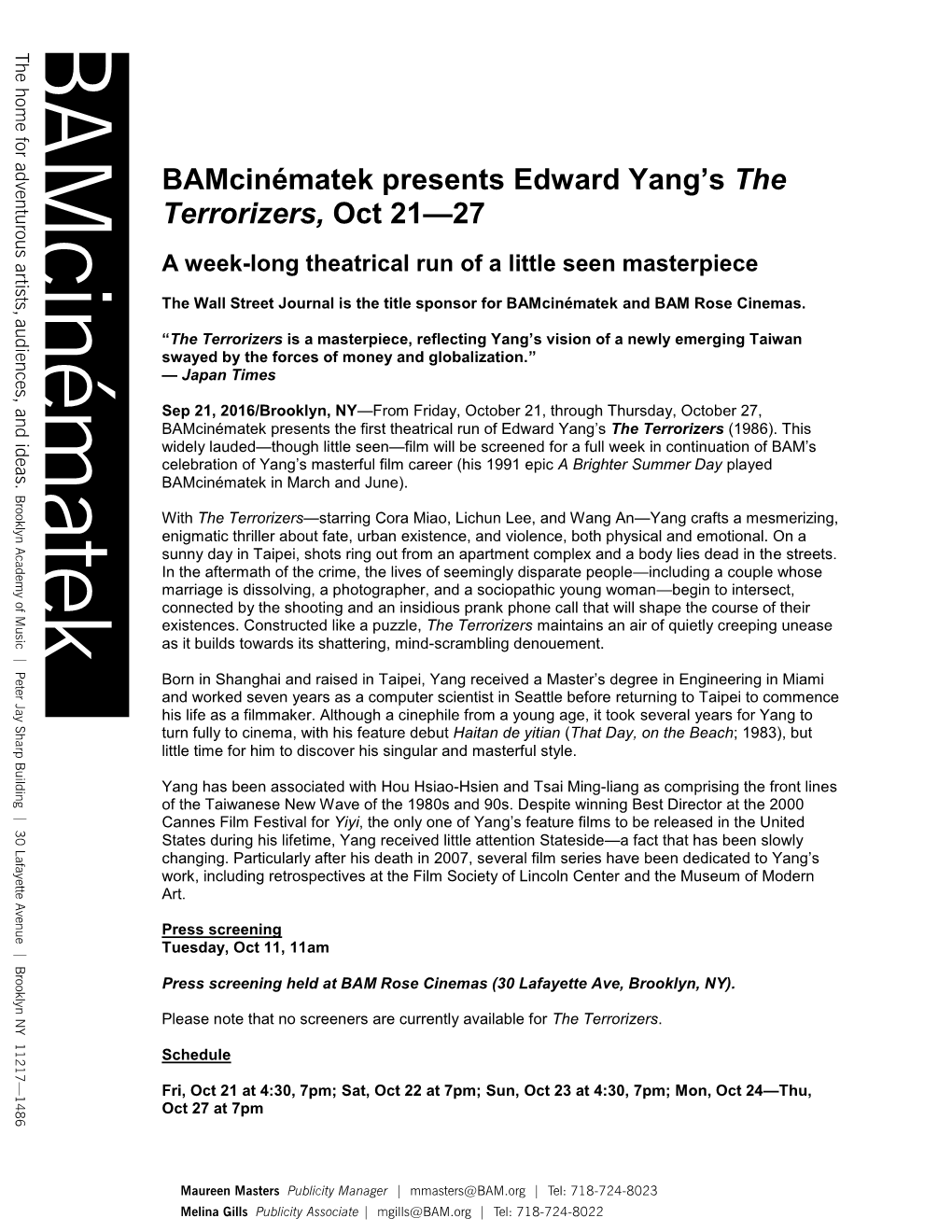 Bamcinématek Presents Edward Yang's the Terrorizers, Oct 21—27