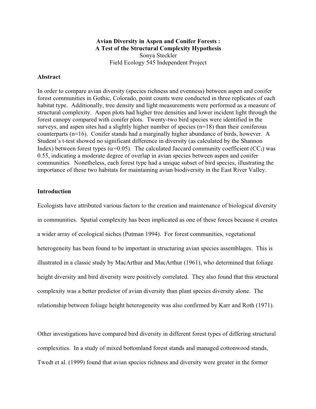 A Comparison of Avian Diversity in Aspen and Conifer Habitats