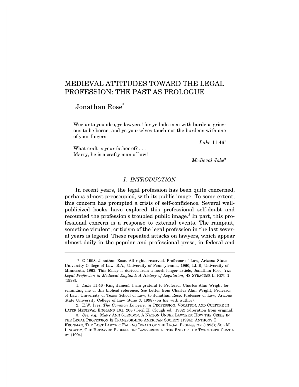 Medieval Attitudes Toward the Legal Profession: the Past As Prologue