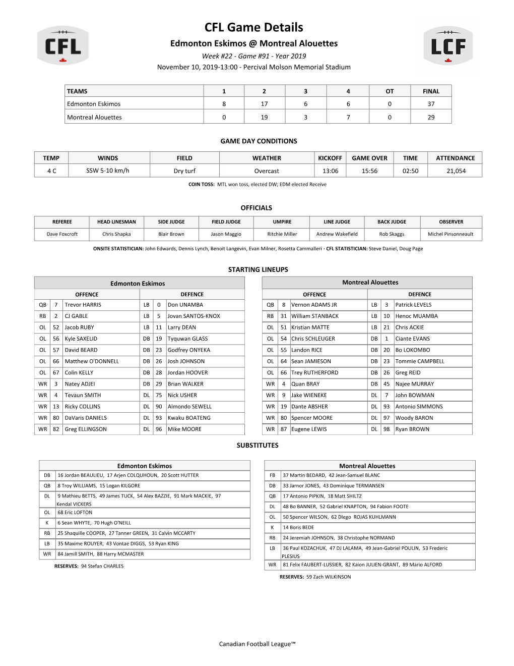 CFL Game Details Edmonton Eskimos @ Montreal Alouettes Week #22 - Game #91 - Year 2019 November 10, 2019-13:00 - Percival Molson Memorial Stadium