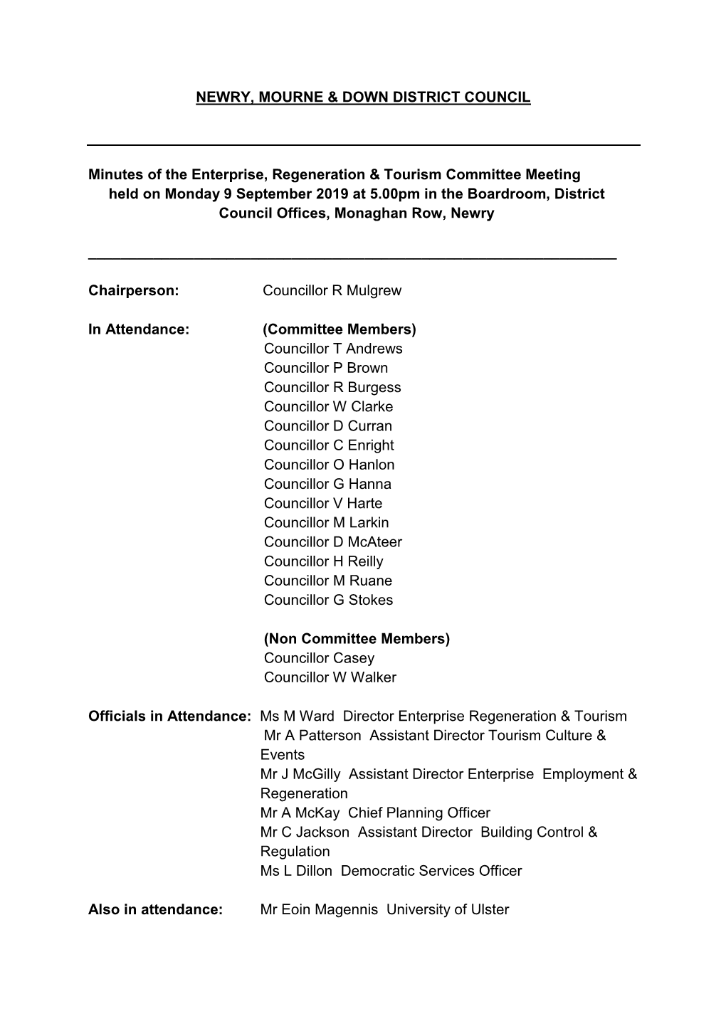 NEWRY, MOURNE & DOWN DISTRICT COUNCIL Minutes of The