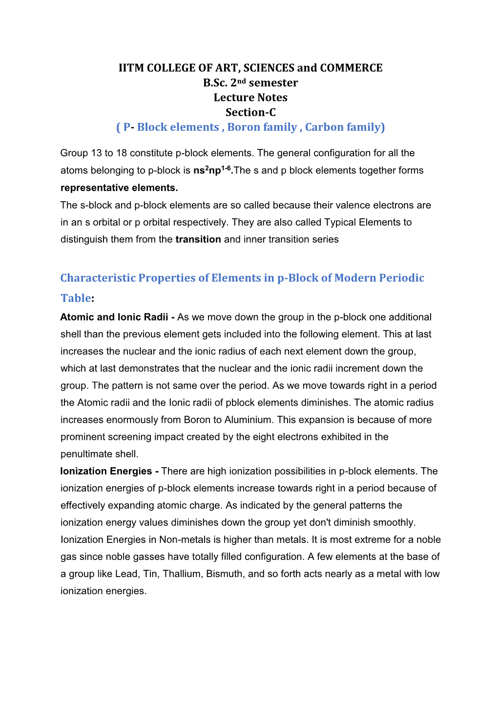 P- Block Elements , Boron Family , Carbon Family)