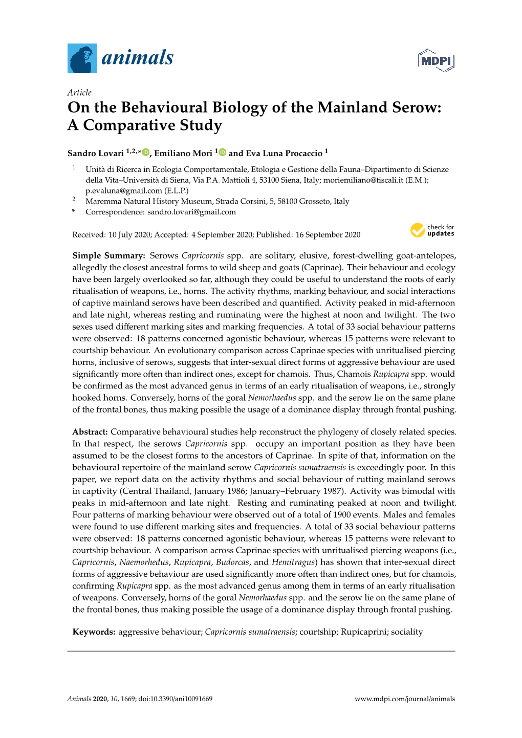 On the Behavioural Biology of the Mainland Serow: a Comparative Study