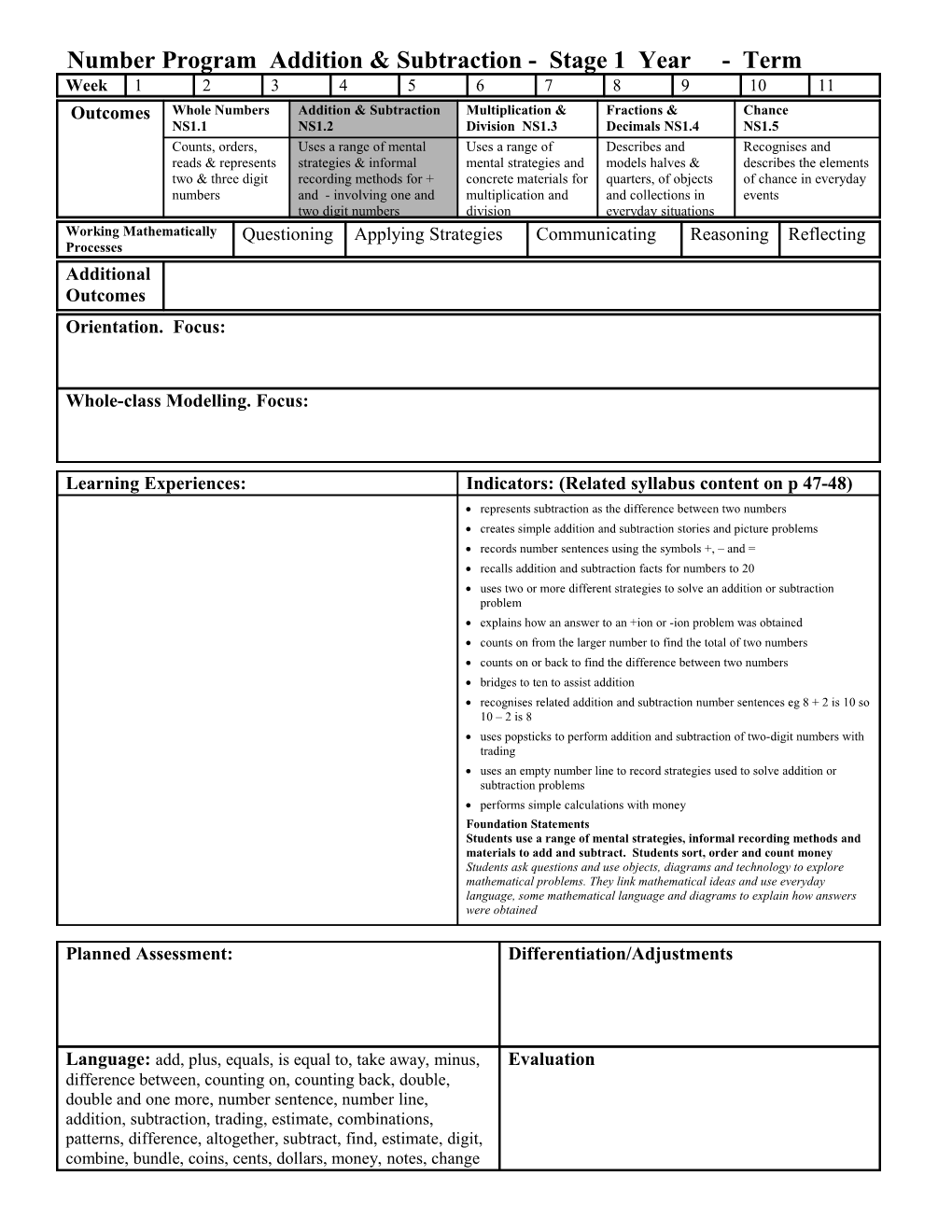 Number Program Addition & Subtraction - Stage 1 Year - Term