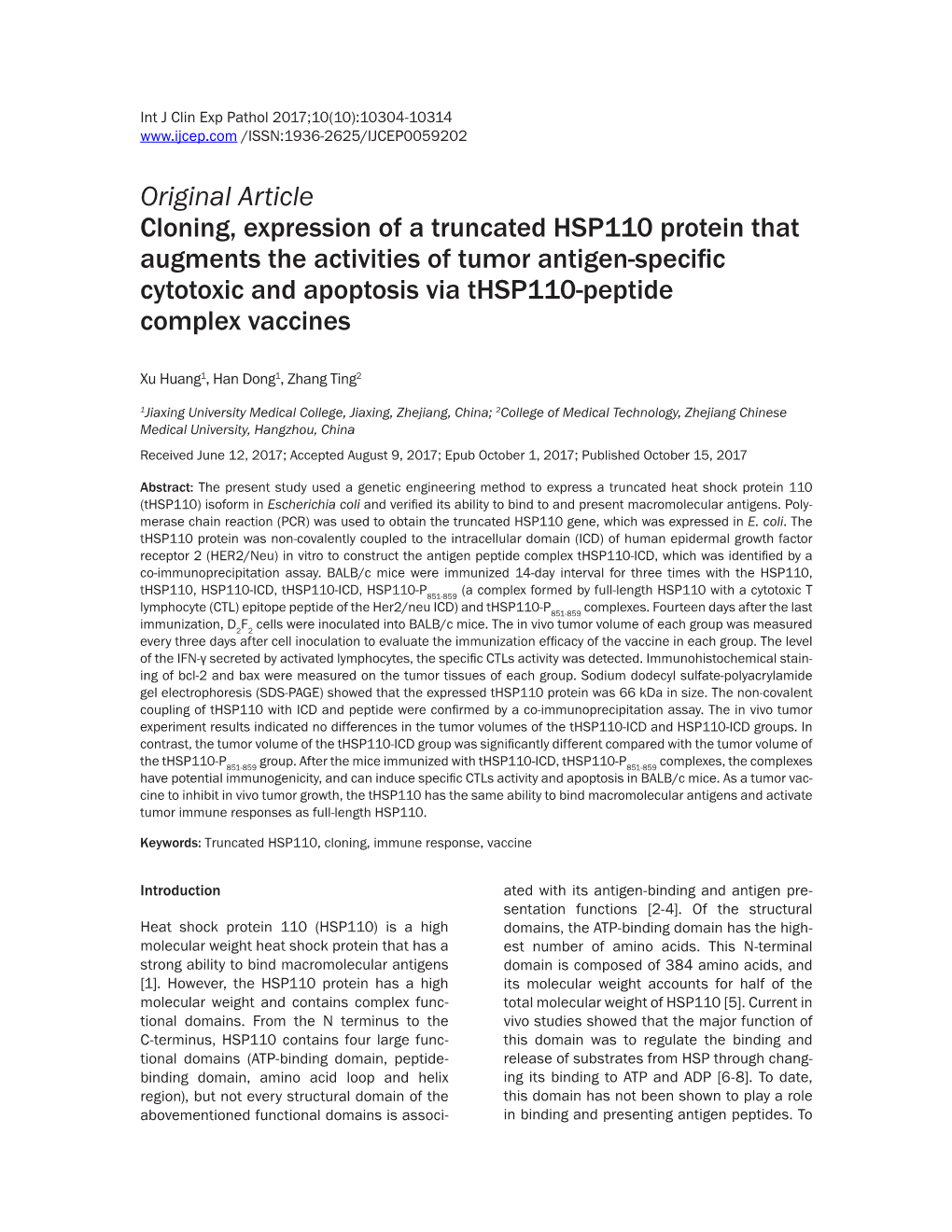 Original Article Cloning, Expression of a Truncated HSP110 Protein That