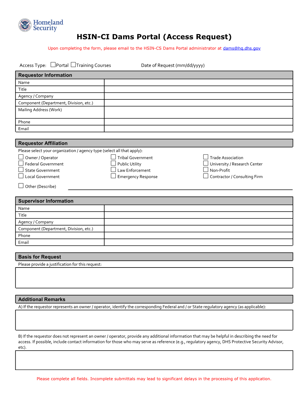 HSIN-CS Dams Portal (Access Request)