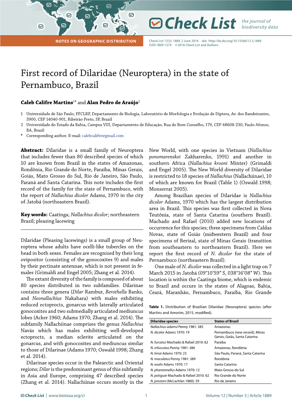 Check List Notes on Geographic Distribution Check List 12(3): 1889, 2 June 2016 Doi: ISSN 1809-127X © 2016 Check List and Authors