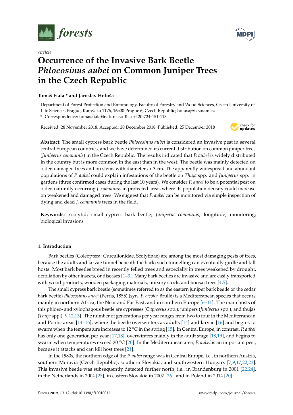 Occurrence of the Invasive Bark Beetle Phloeosinus Aubei on Common Juniper Trees in the Czech Republic