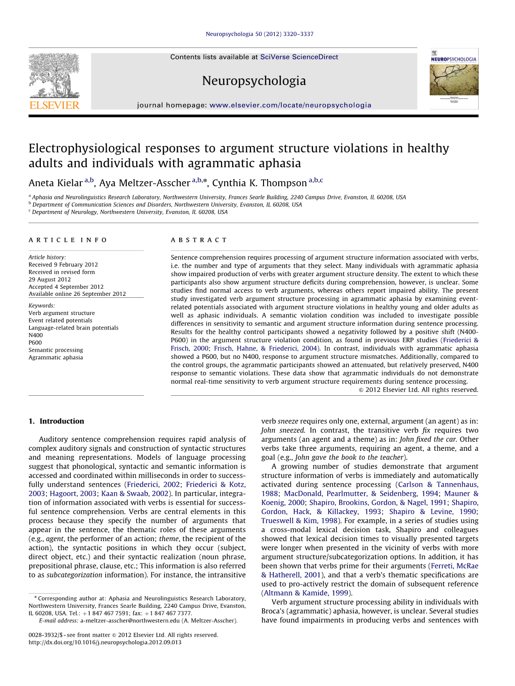 Electrophysiological Responses to Argument Structure Violations in Healthy Adults and Individuals with Agrammatic Aphasia