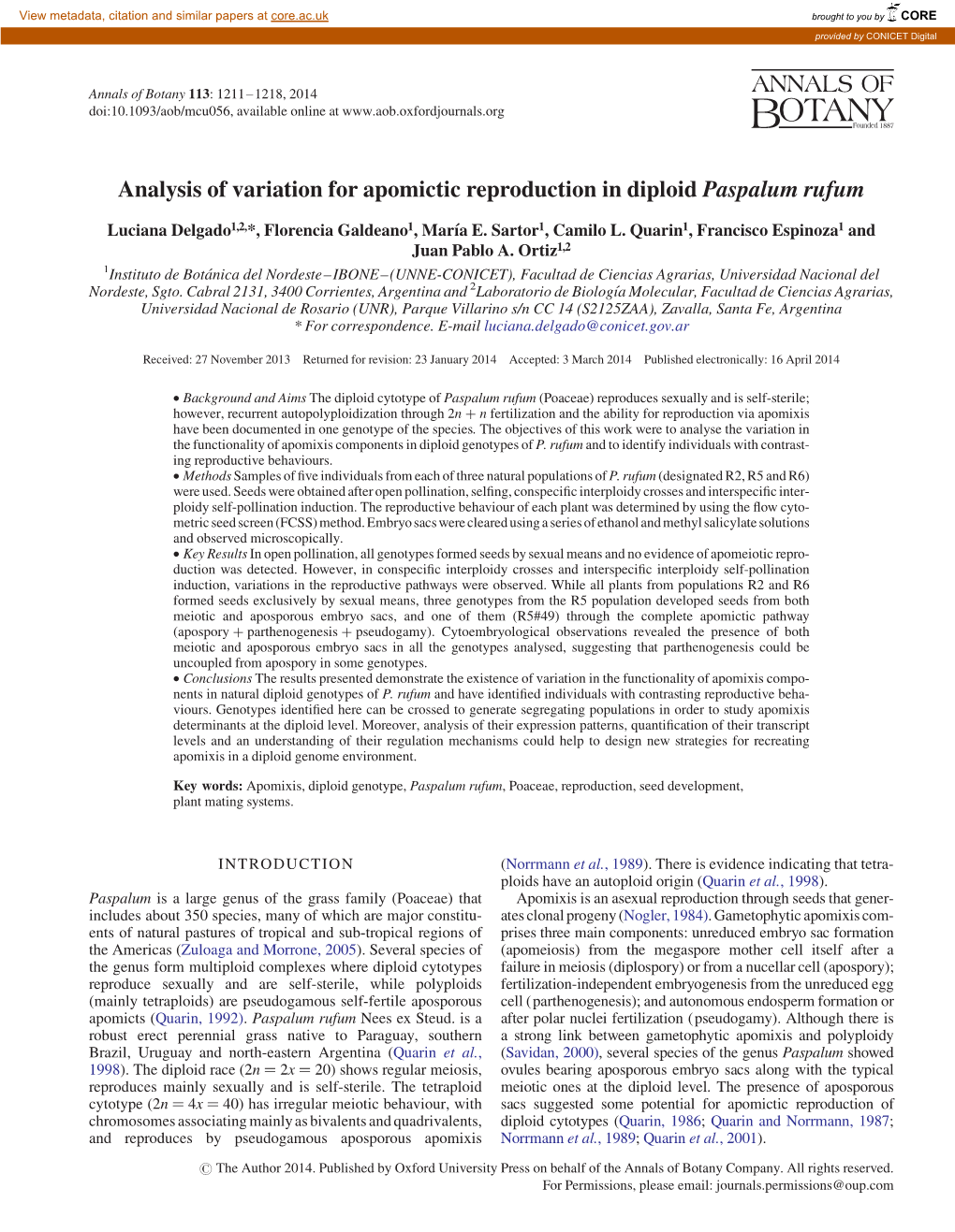Analysis of Variation for Apomictic Reproduction in Diploid Paspalum Rufum