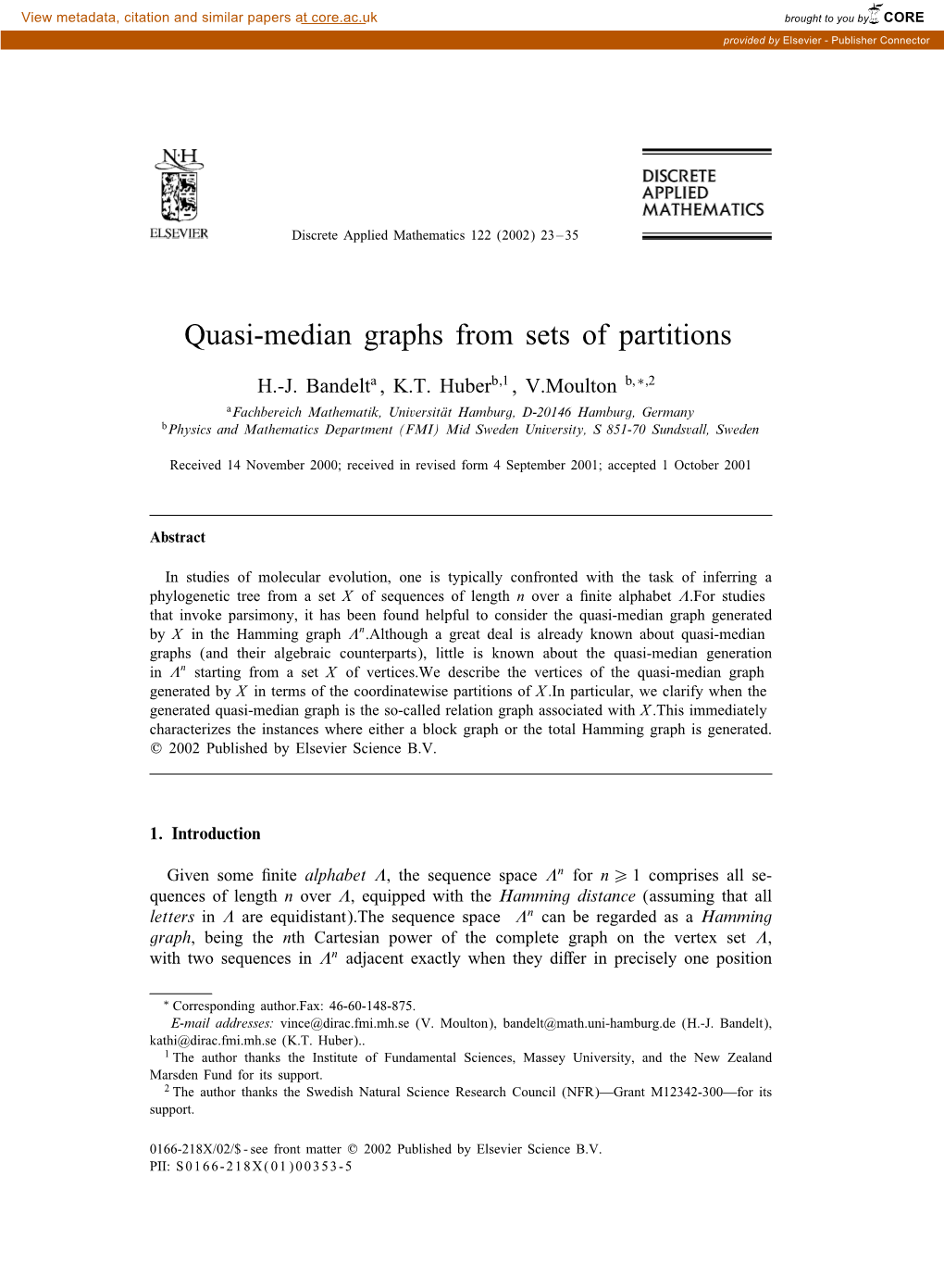 Quasi-Median Graphs from Sets of Partitions