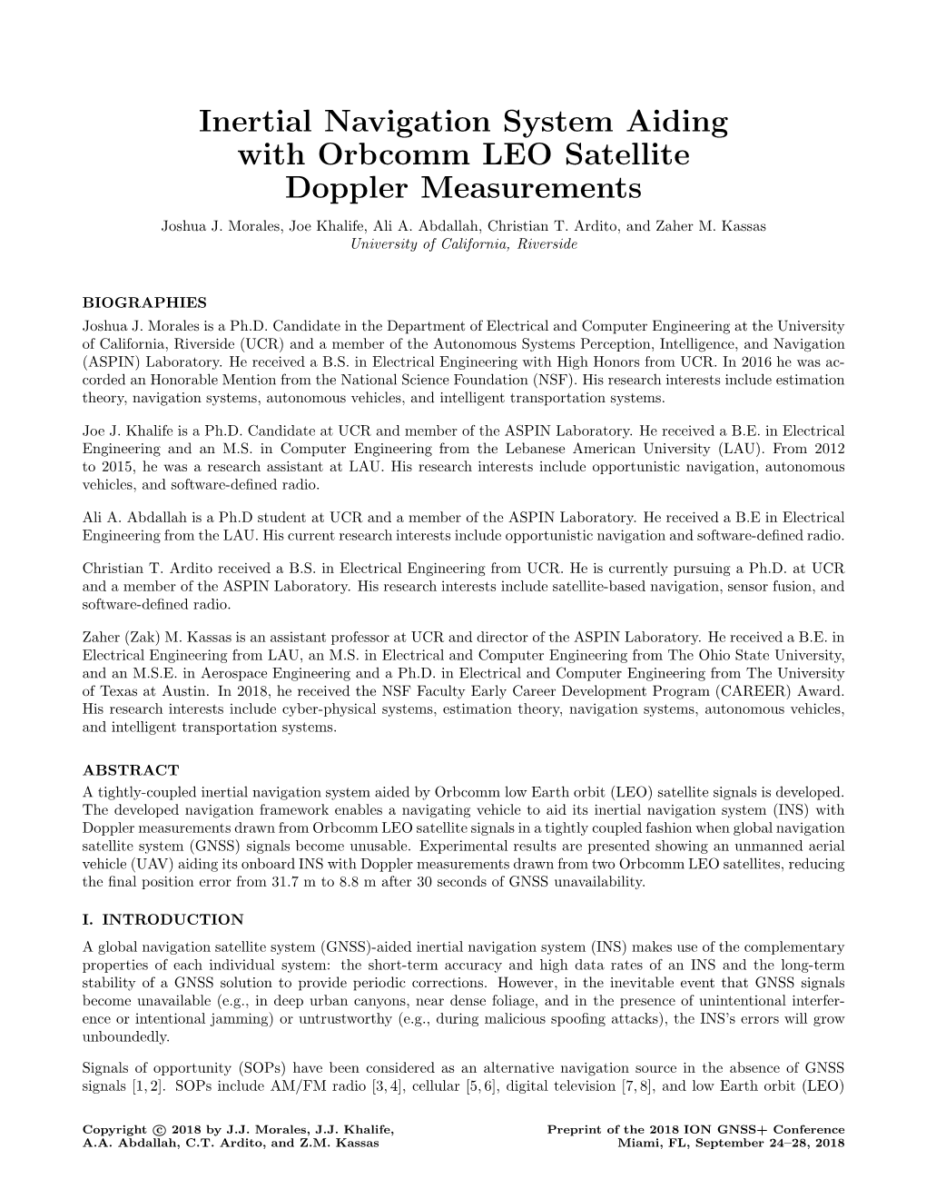 Inertial Navigation System Aiding with Orbcomm LEO Satellite Doppler Measurements