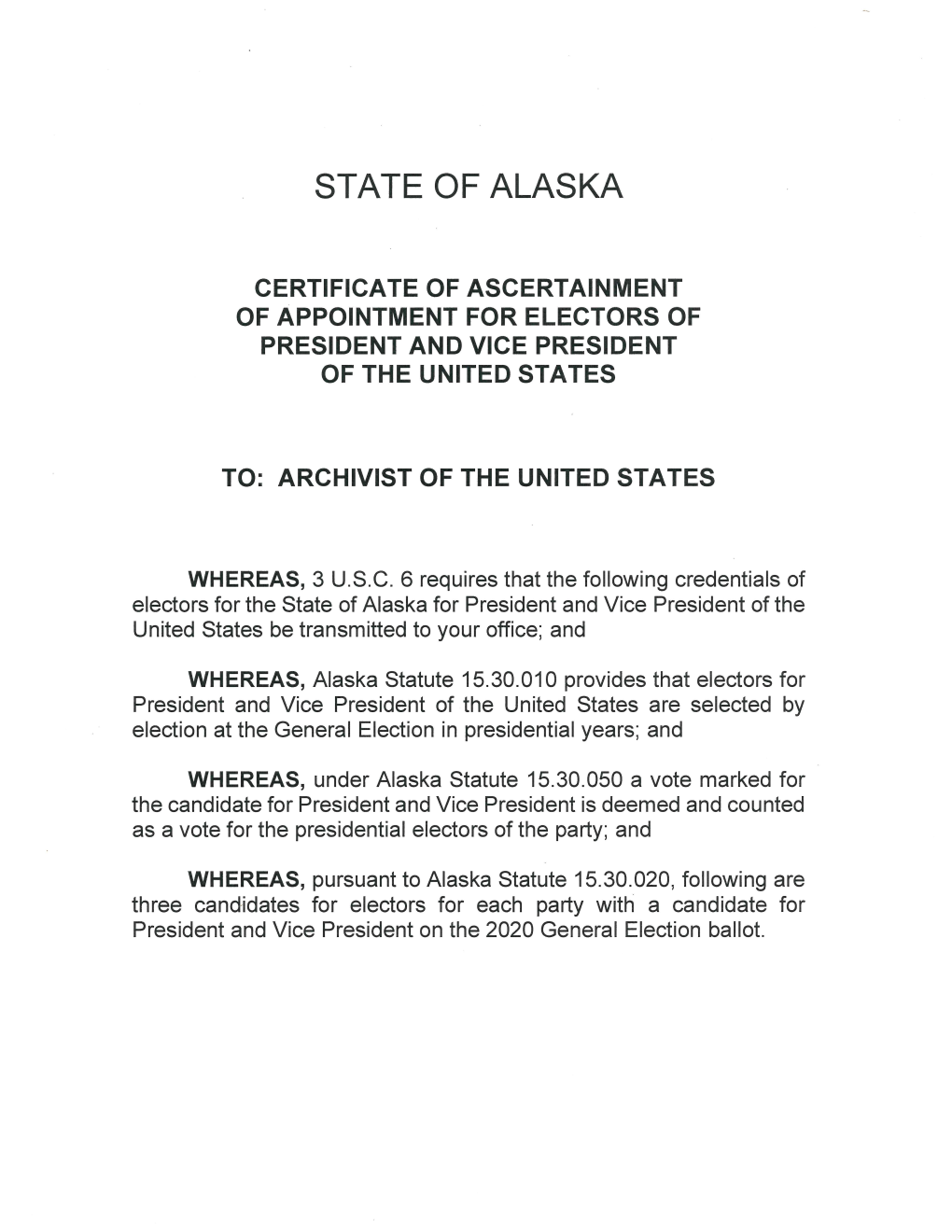 Alaska Certificate of Ascertainment 2020