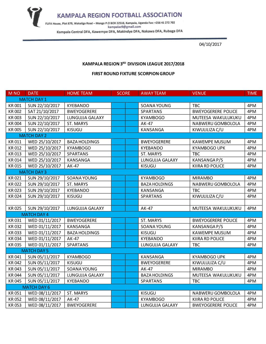 Kampala Region 3Rd Division League 2017/2018