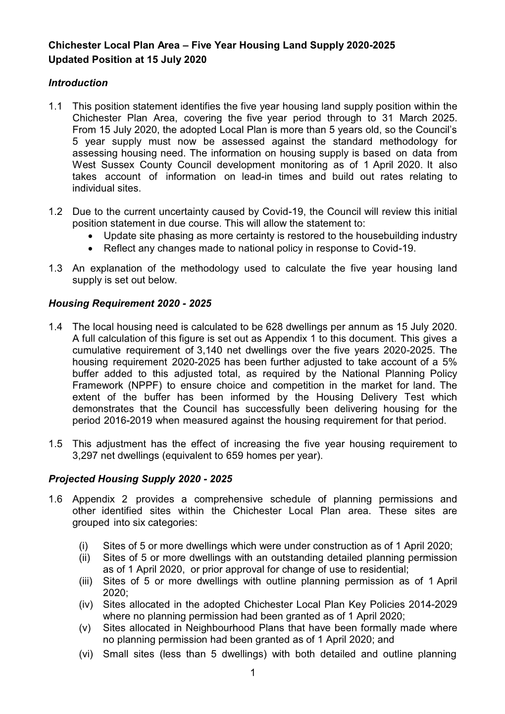 Chichester Local Plan Area Five Year Housing Land Supply