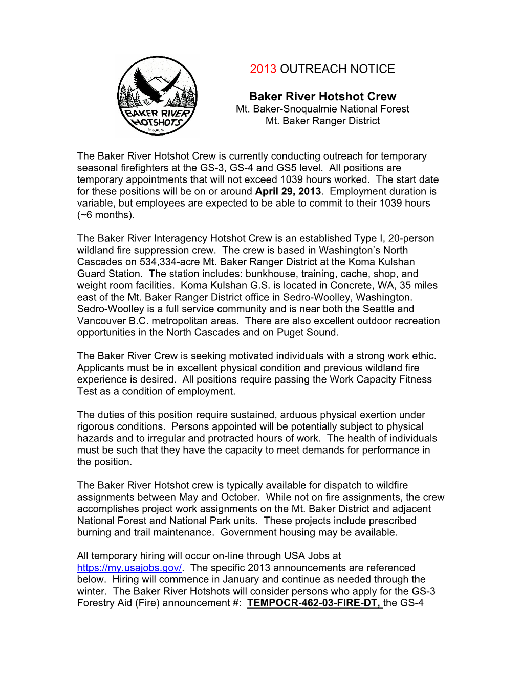 2013 OUTREACH NOTICE Baker River Hotshot Crew