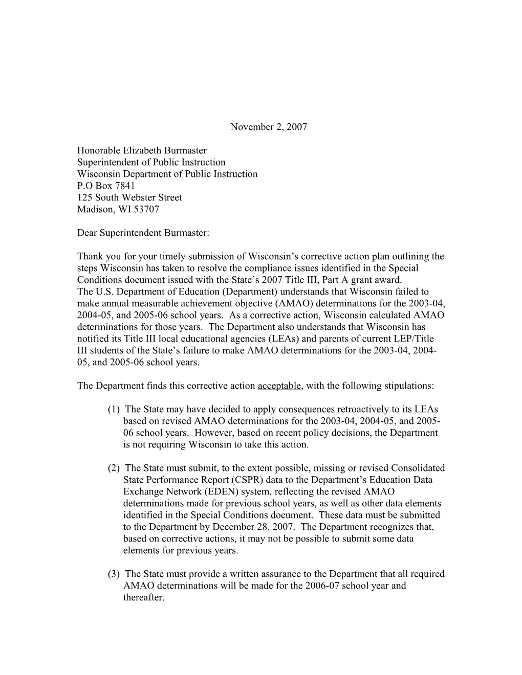 Wisconsin's 2007 Letter of Corrective Action Plan and Conditions (MS Word)