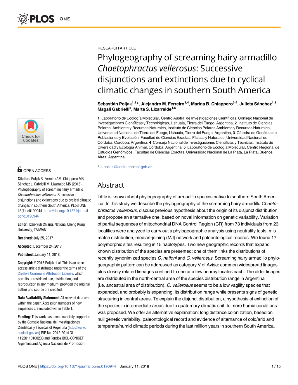 Phylogeography of Screaming Hairy Armadillo Chaetophractus Vellerosus