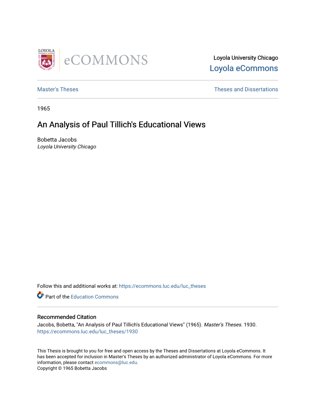 An Analysis of Paul Tillich's Educational Views