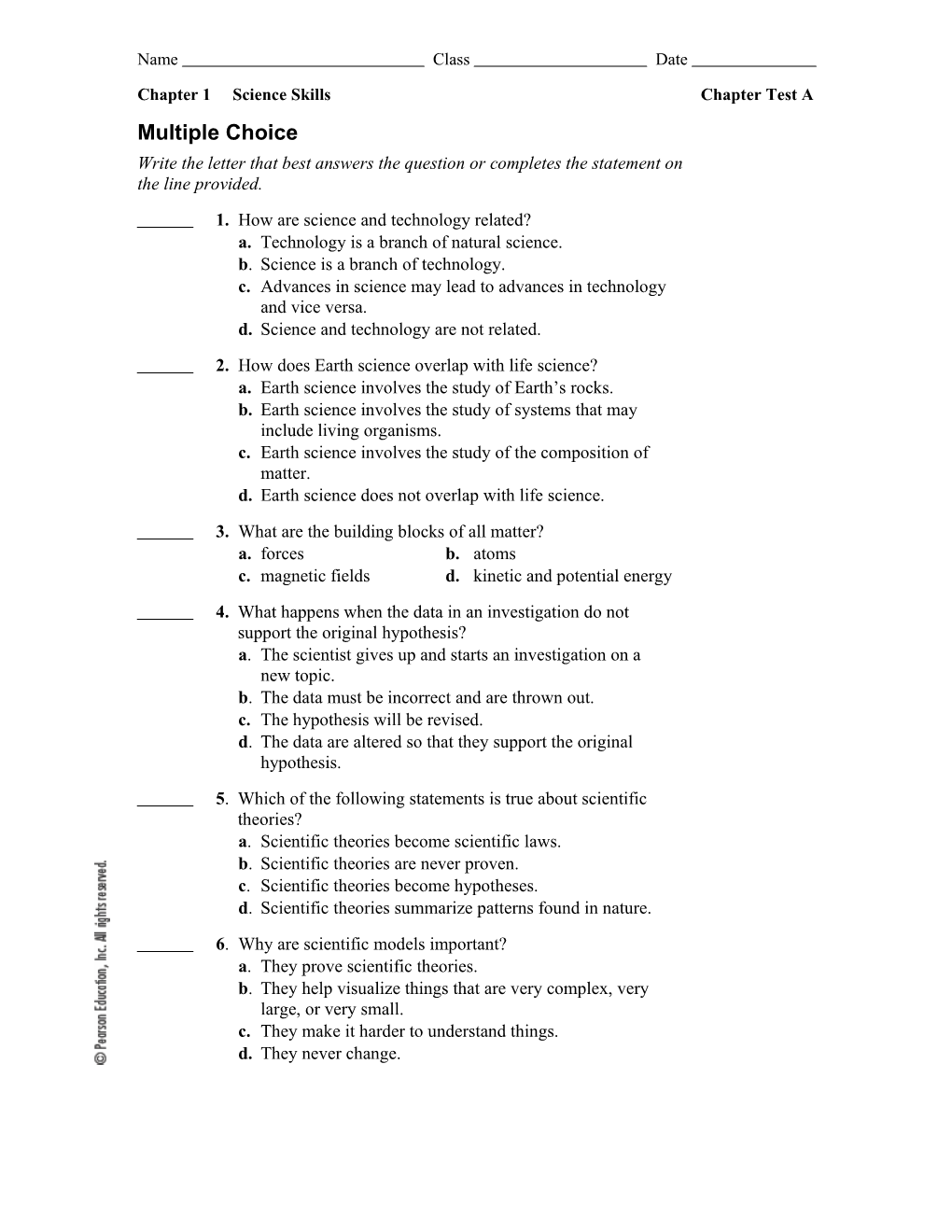 Chapter 1 Science Skills Chapter Test A