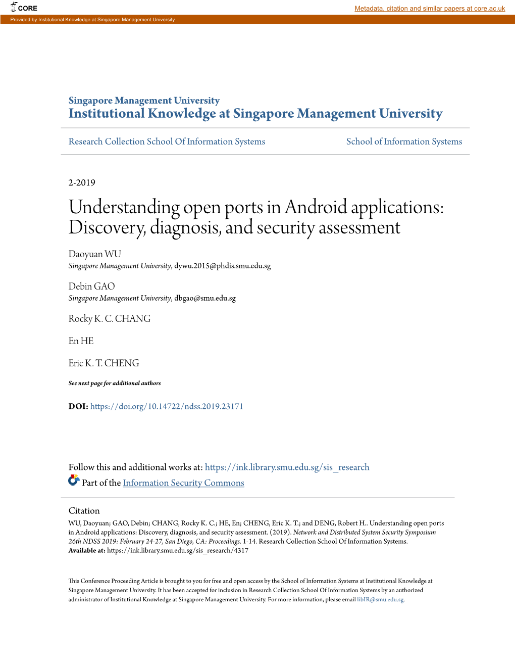 Understanding Open Ports in Android Applications: Discovery, Diagnosis, and Security Assessment Daoyuan WU Singapore Management University, Dywu.2015@Phdis.Smu.Edu.Sg