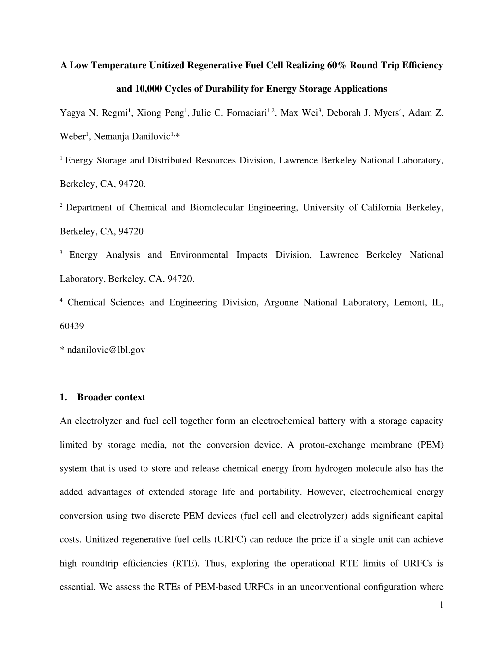 A Low Temperature Unitized Regenerative Fuel Cell Realizing 60% Round Trip Efficiency