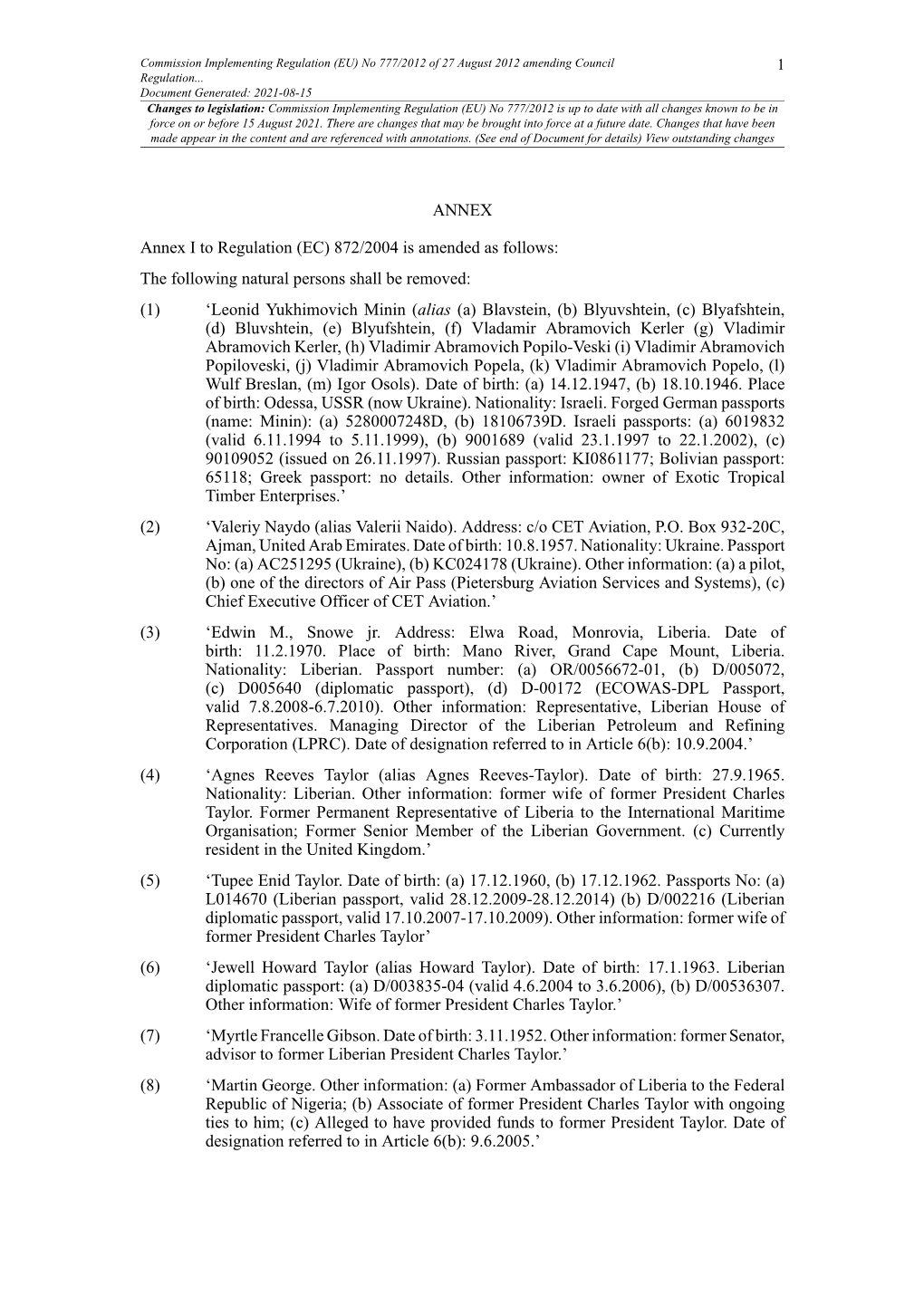 Commission Implementing Regulation (EU) No 777/2012 of 27 August 2012 Amending Council 1 Regulation