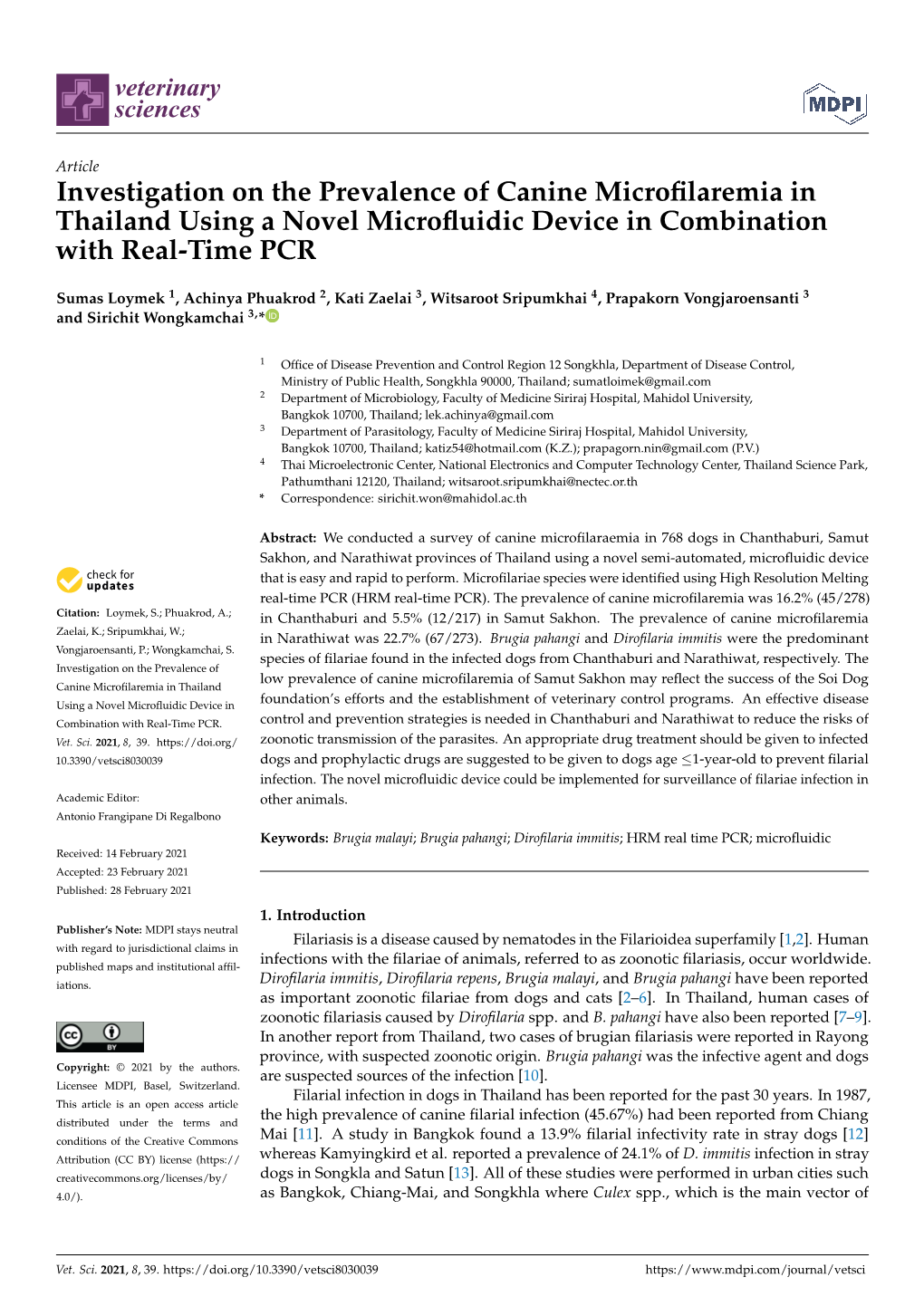 Investigation on the Prevalence of Canine Microfilaremia in Thailand Using a Novel Microfluidic Device in Combination with Real