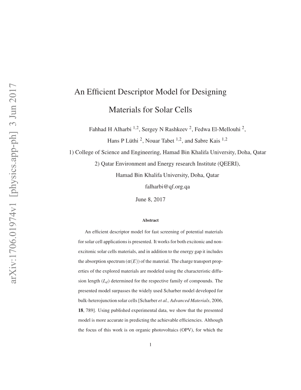 An Efficient Descriptor Model for Designing Materials for Solar Cells