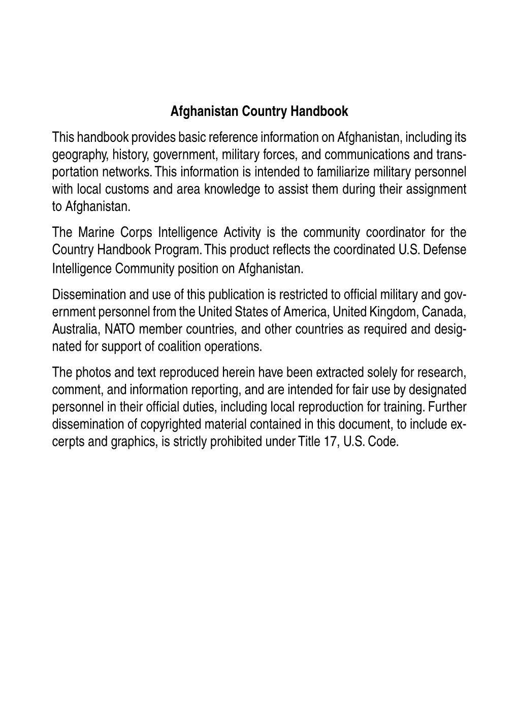 Afghanistan Country Handbook