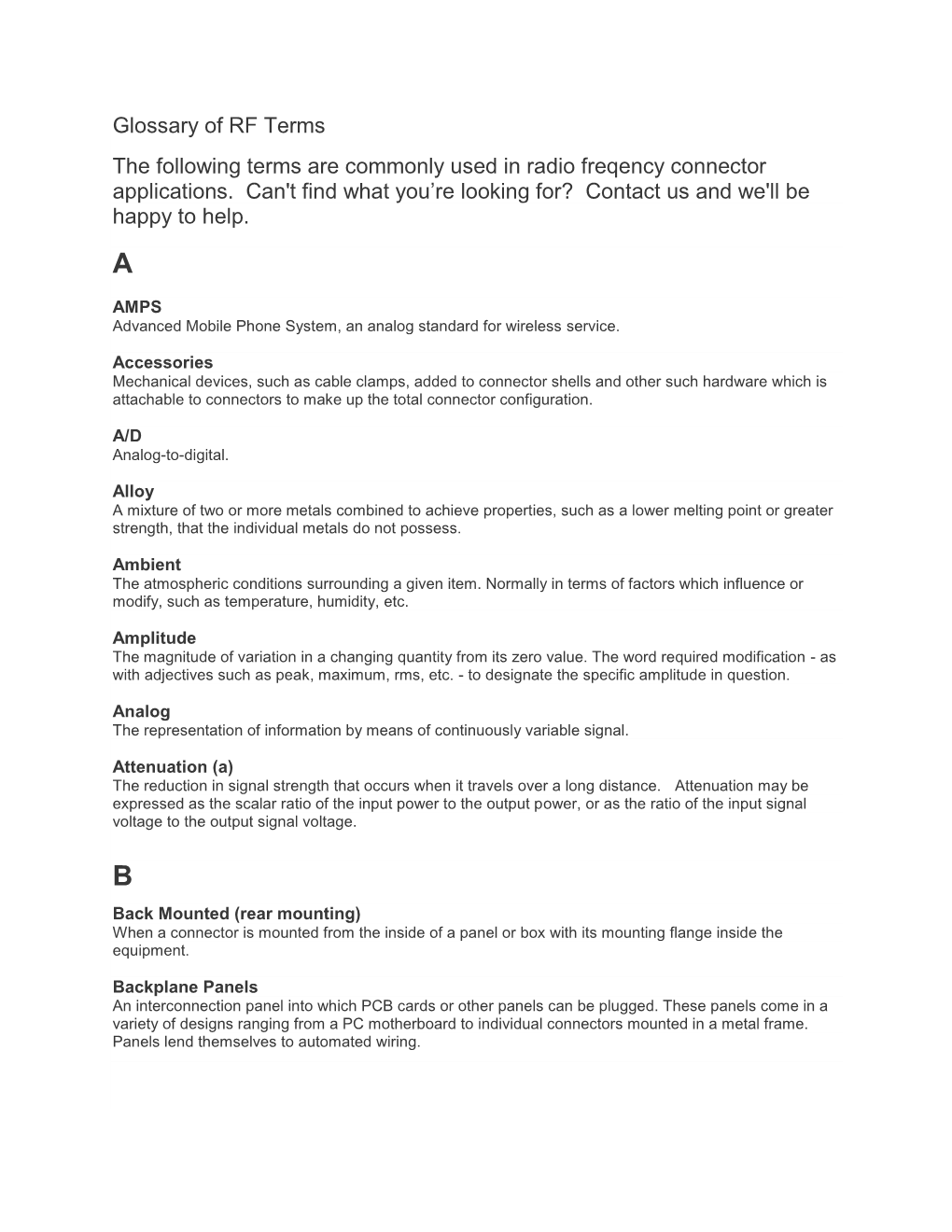 Glossary of RF Terms the Following Terms Are Commonly Used in Radio Freqency Connector Applications