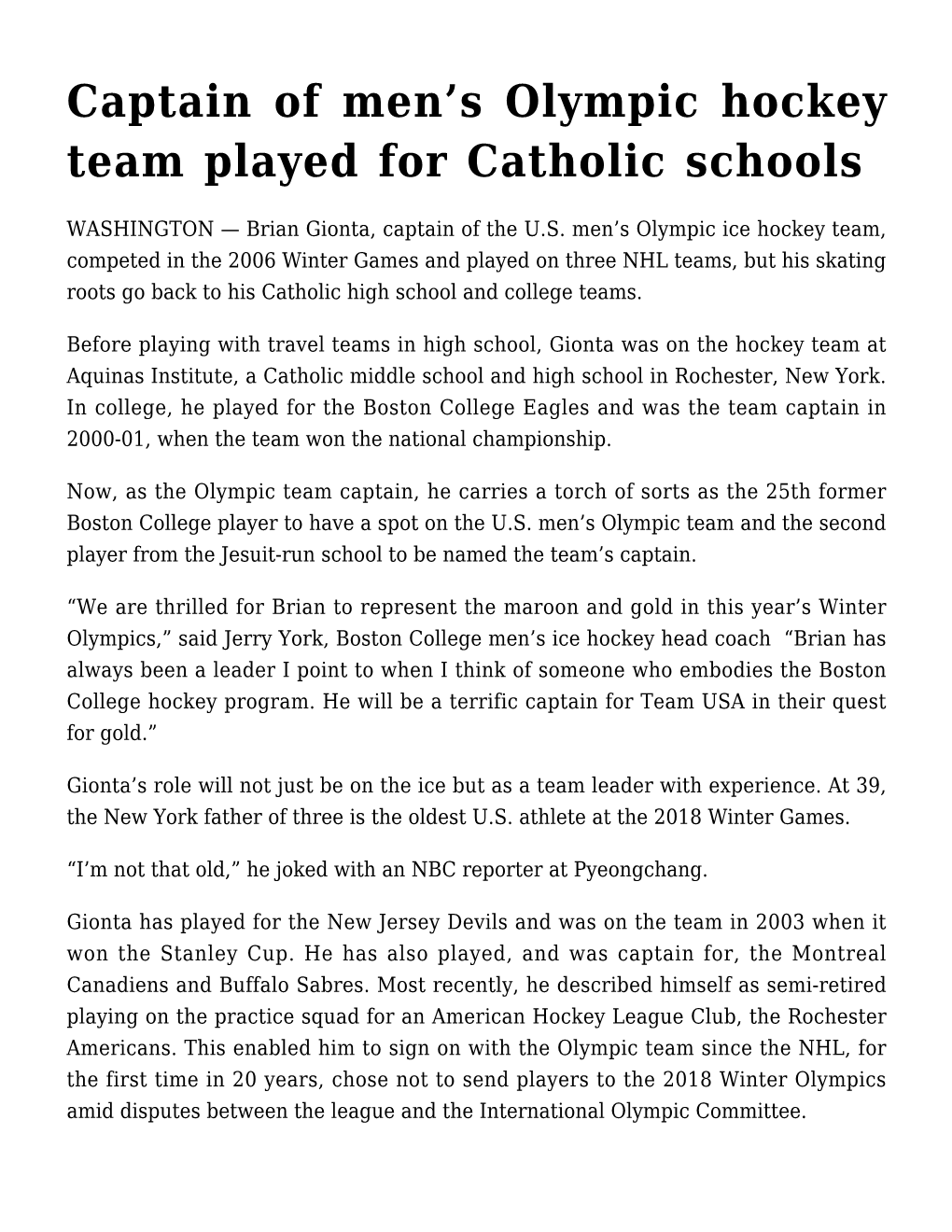 S Olympic Hockey Team Played for Catholic Schools