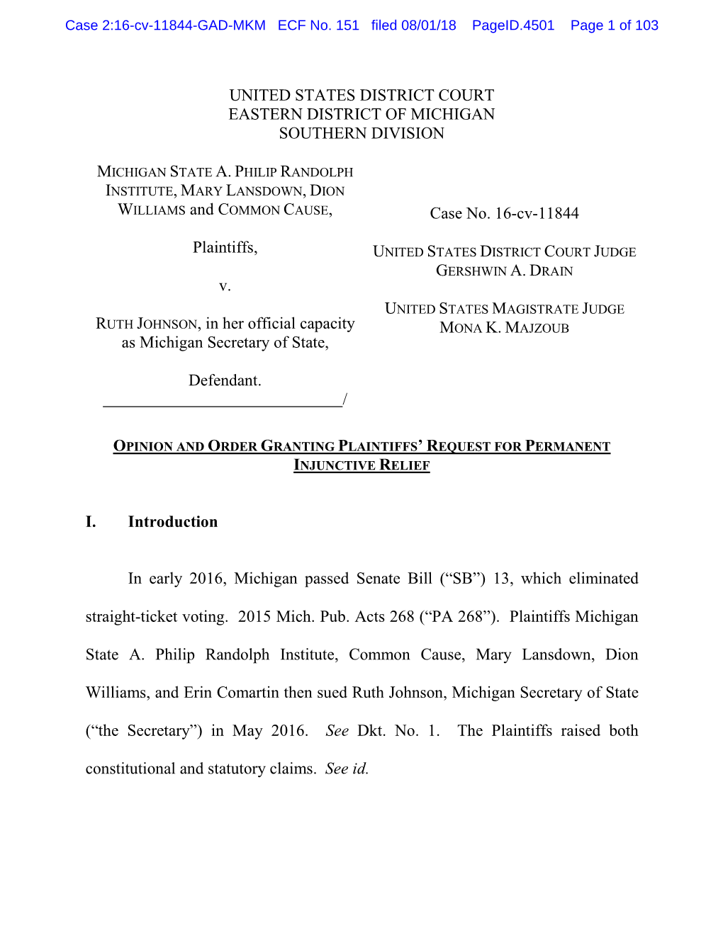 Case 2:16-Cv-11844-GAD-MKM ECF No. 151 Filed 08/01/18 Pageid.4501 Page 1 of 103