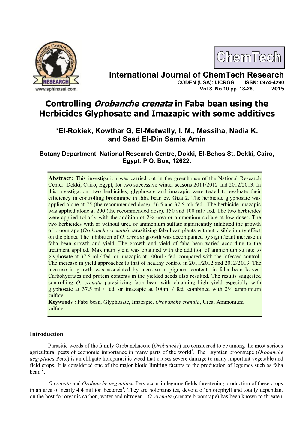 Controlling Orobanche Crenata in Faba Bean Using the Herbicides Glyphosate and Imazapic with Some Additives International Journa