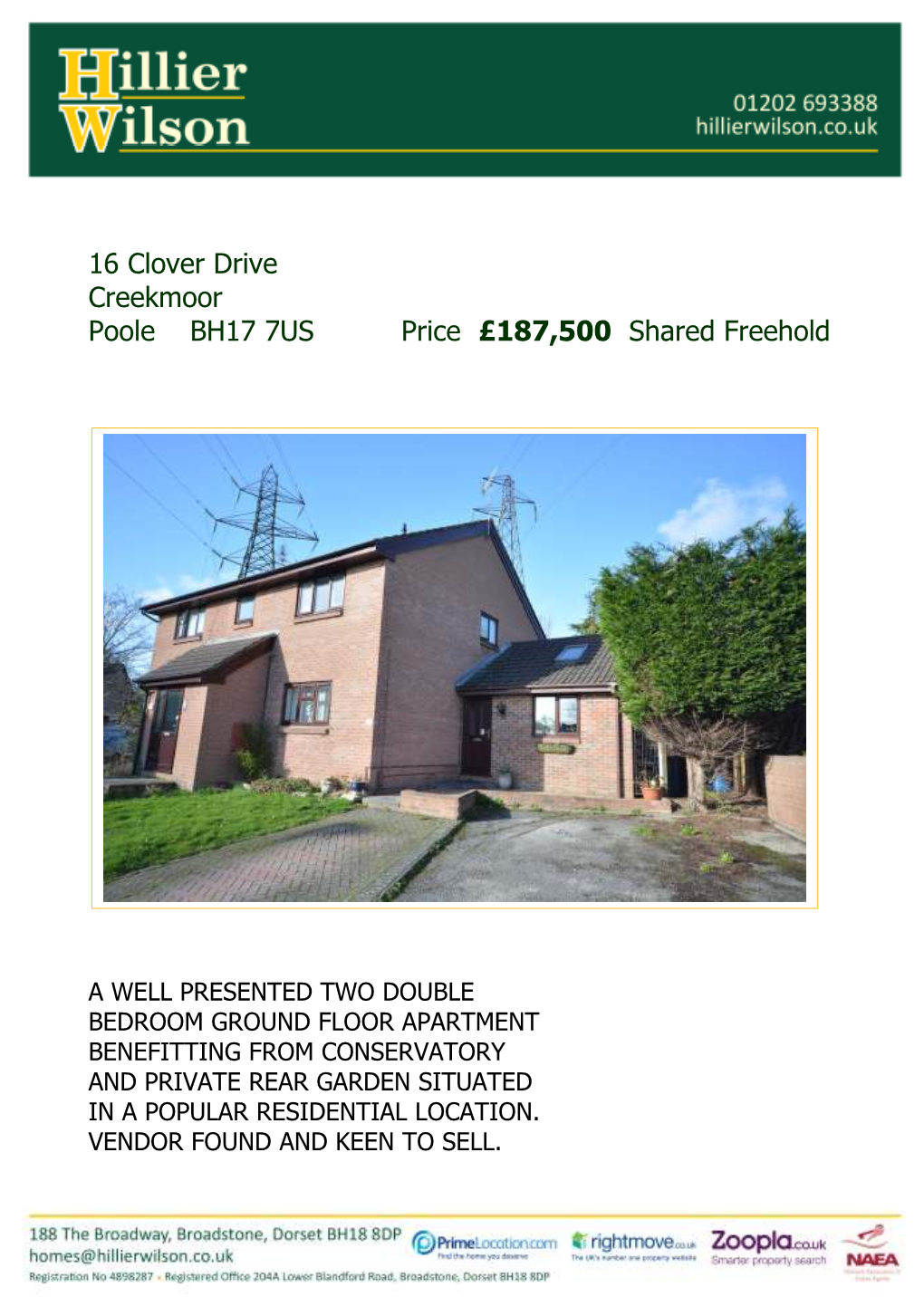 16 Clover Drive Creekmoor Poole BH17 7US Price £187,500 Shared Freehold