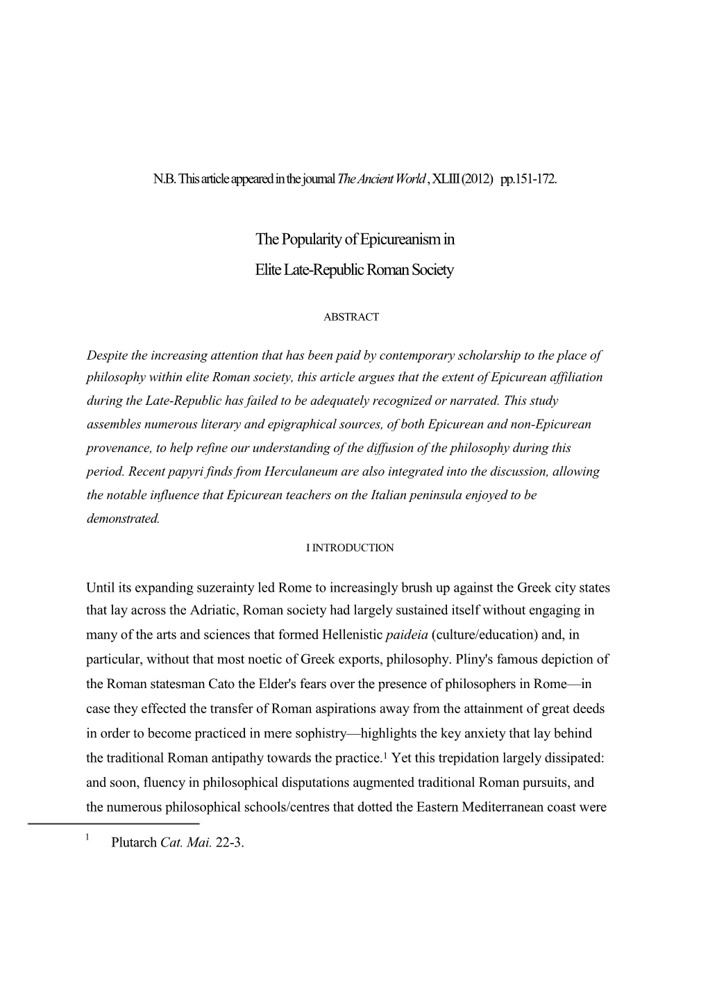 The Popularity of Epicureanism in Elite Late-Republic Roman Society