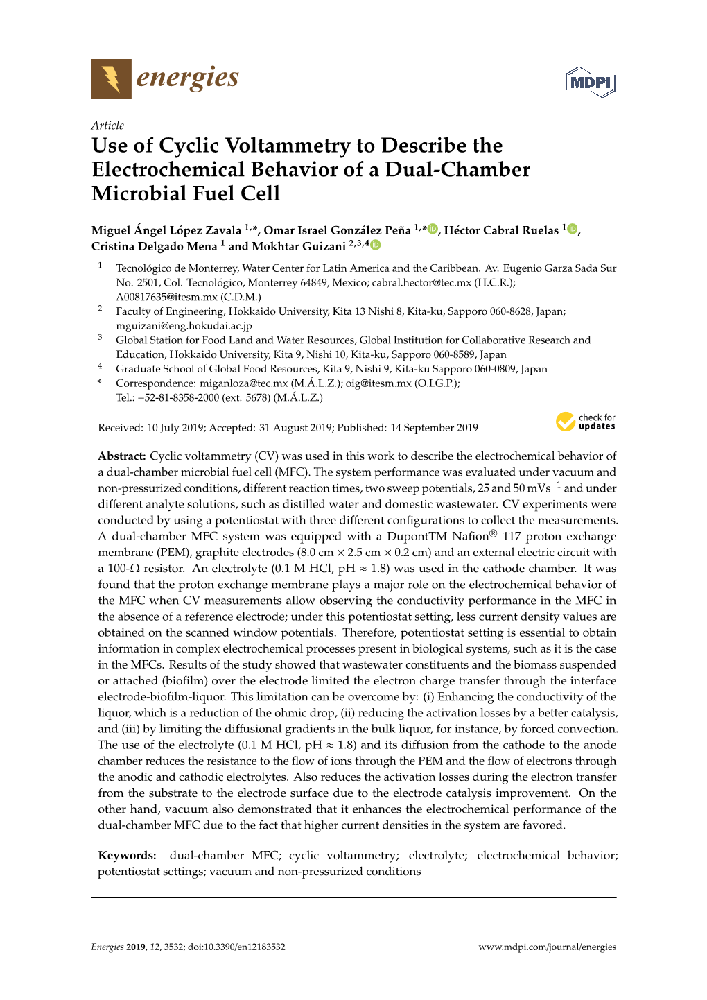 Use of Cyclic Voltammetry to Describe the Electrochemical Behavior of a Dual-Chamber Microbial Fuel Cell