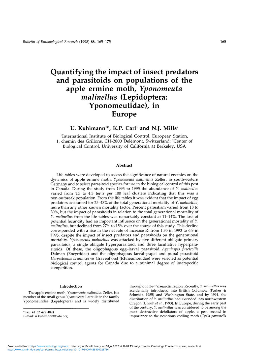 Quantifying the Impact of Insect Predators and Parasitoids on Populations of the Apple Ermine Moth, Yponomeuta Malinellus (Lepidoptera: Yponomeutidae), in Europe