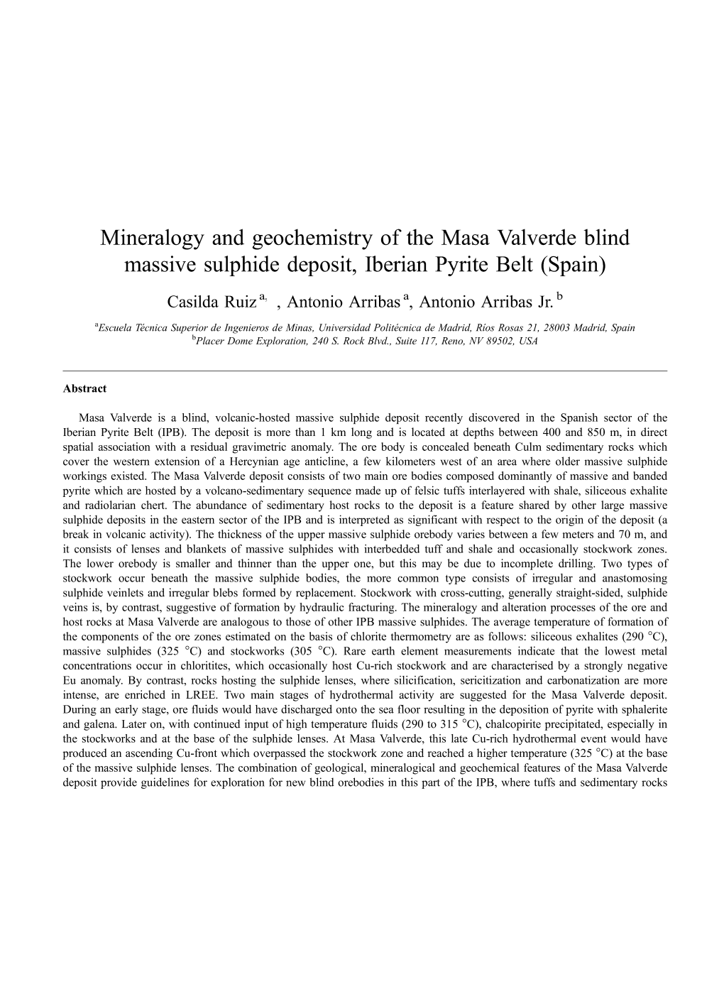 Mineralogy and Geochemistry of the Masa Valverde Blind Massive Sulphide Deposit, Iberian Pyrite Belt (Spain)