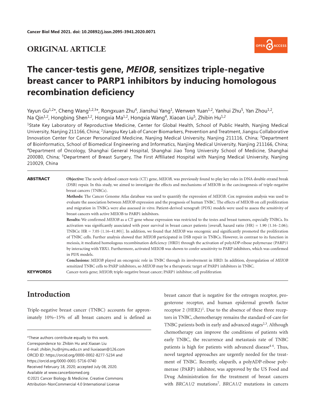 The Cancer-Testis Gene, MEIOB, Sensitizes Triple-Negative Breast Cancer to PARP1 Inhibitors by Inducing Homologous Recombination Deficiency