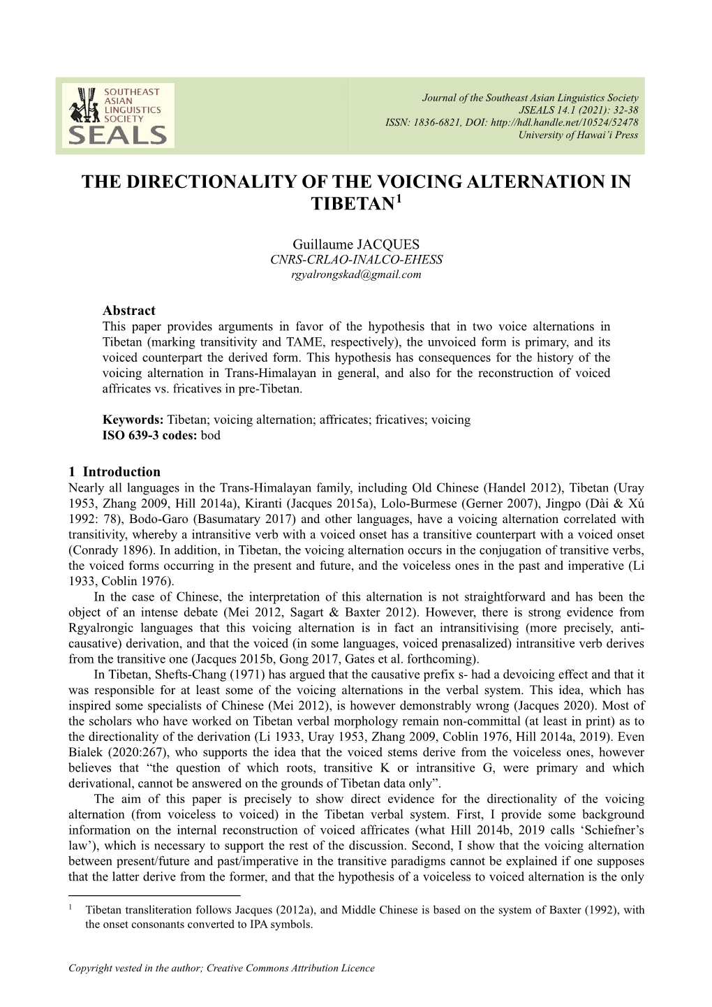 The Directionality of the Voicing Alternation in Tibetan1
