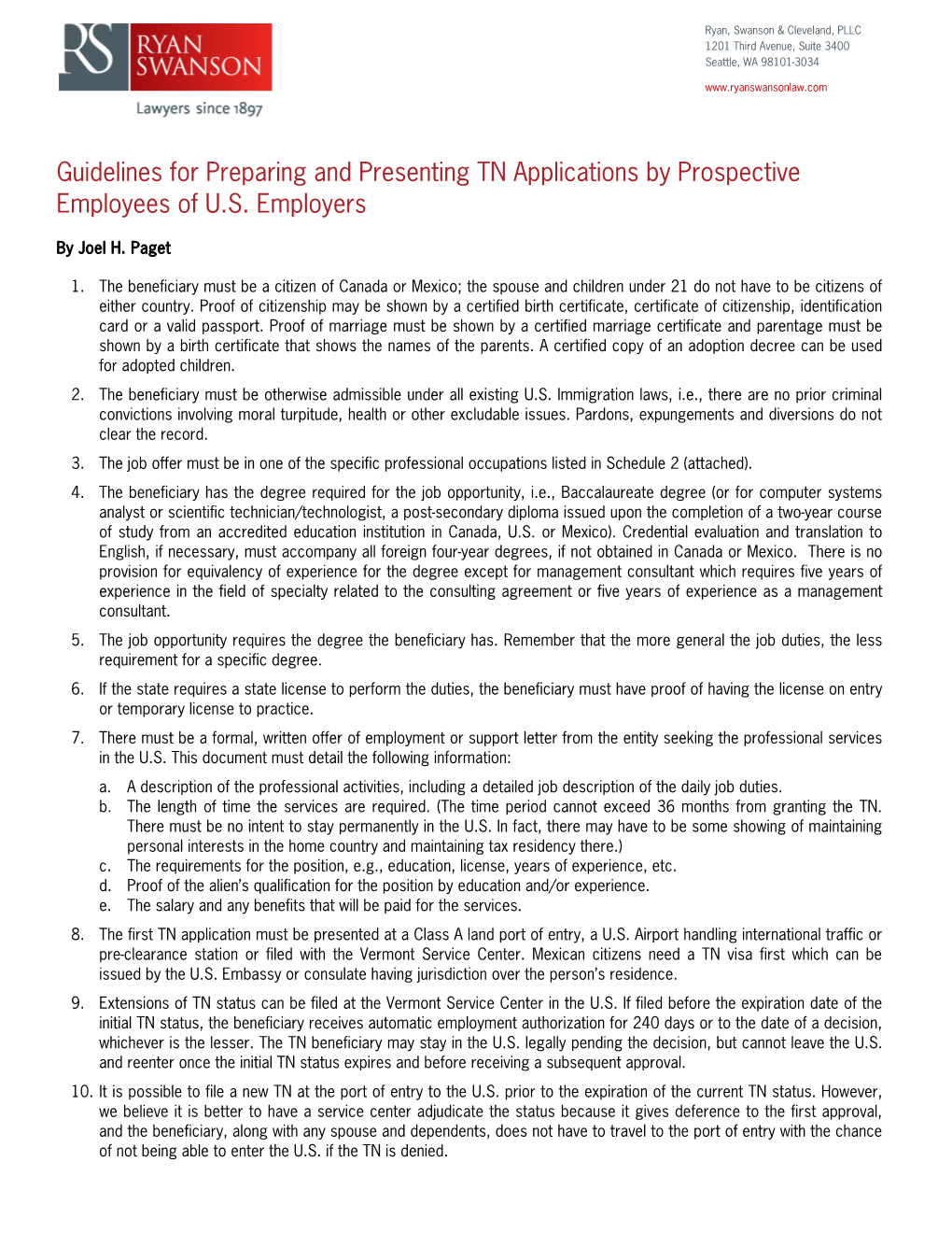 Guidelines for Preparing and Presenting TN Applications by Prospective Employees of U.S