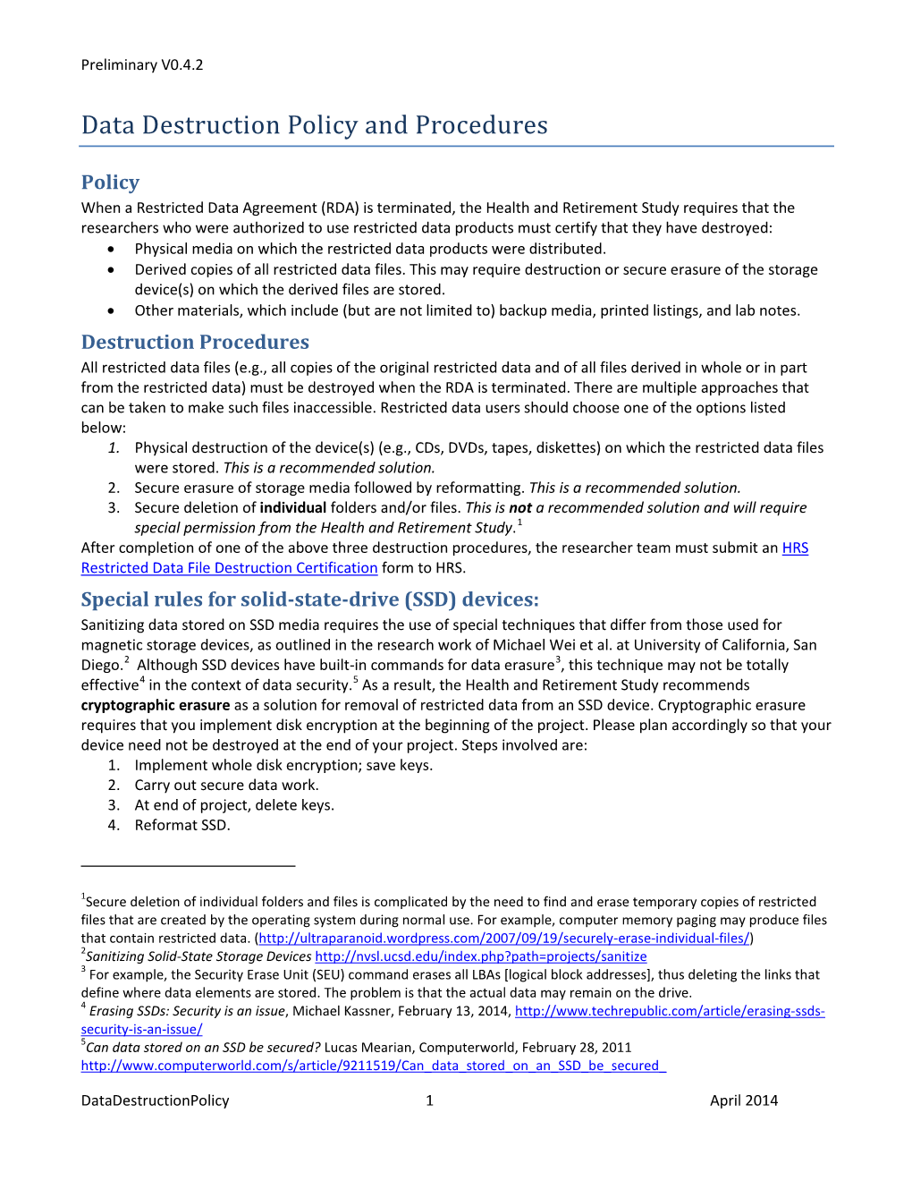 HRS Document Data Destruction Policy and Procedures