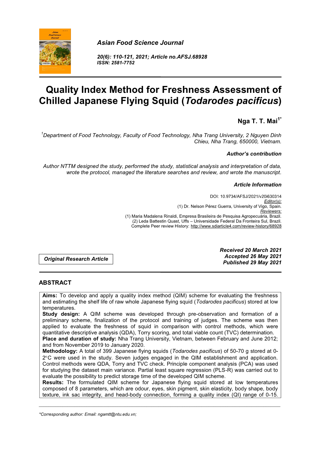 Quality Index Method for Freshness Assessment of Chilled Japanese Flying Squid (Todarodes Pacificus)