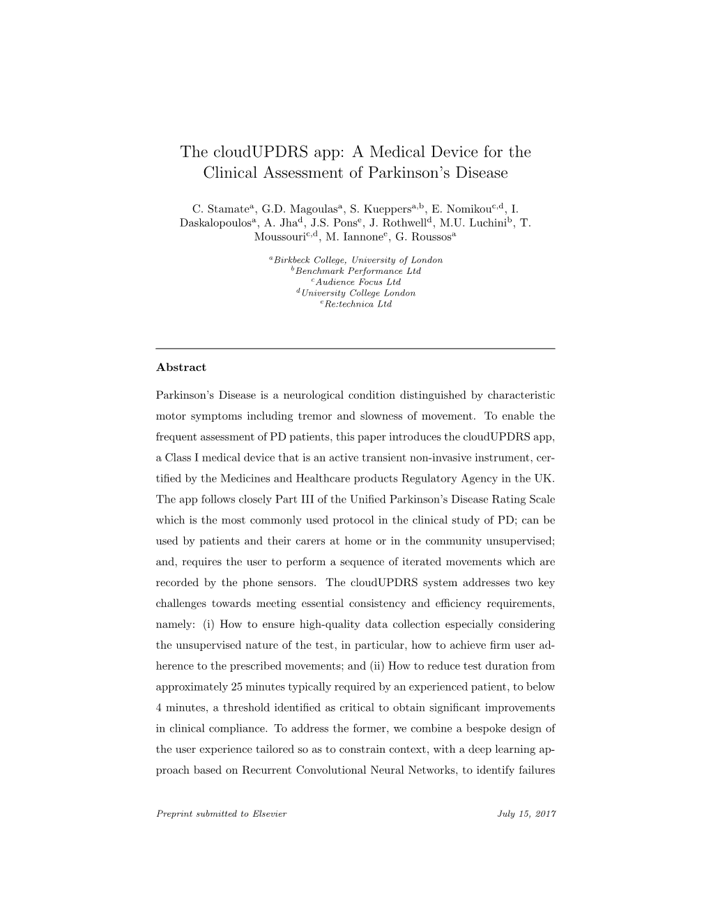 The Cloudupdrs App: a Medical Device for the Clinical Assessment of Parkinson’S Disease