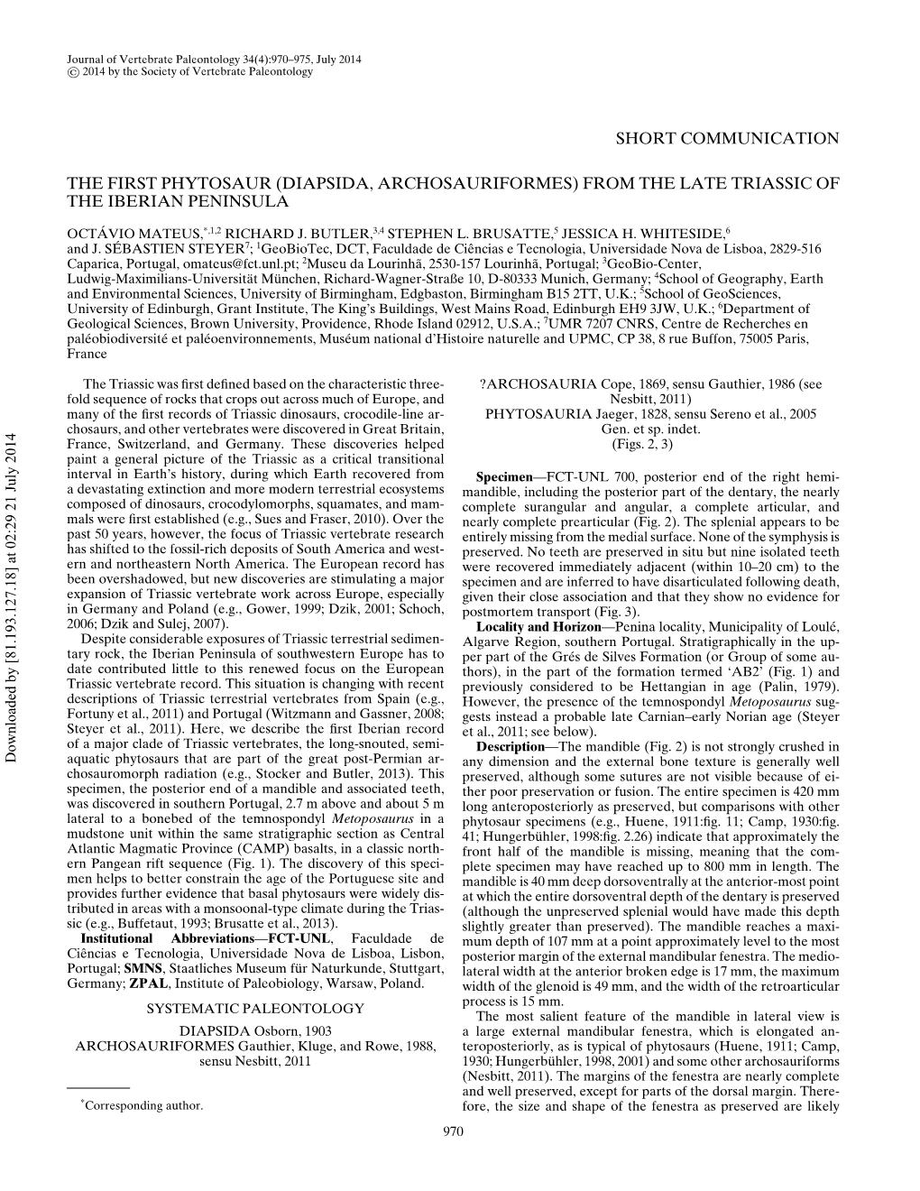 Short Communication the First Phytosaur (Diapsida