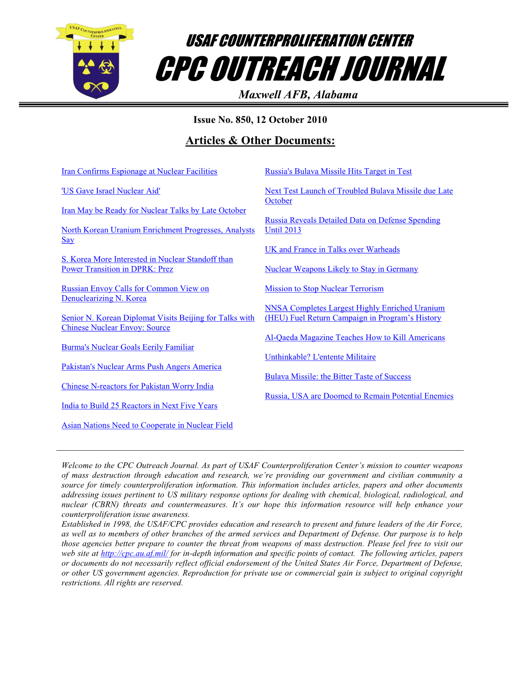 USAF Counterproliferation Center CPC Outreach Journal #850